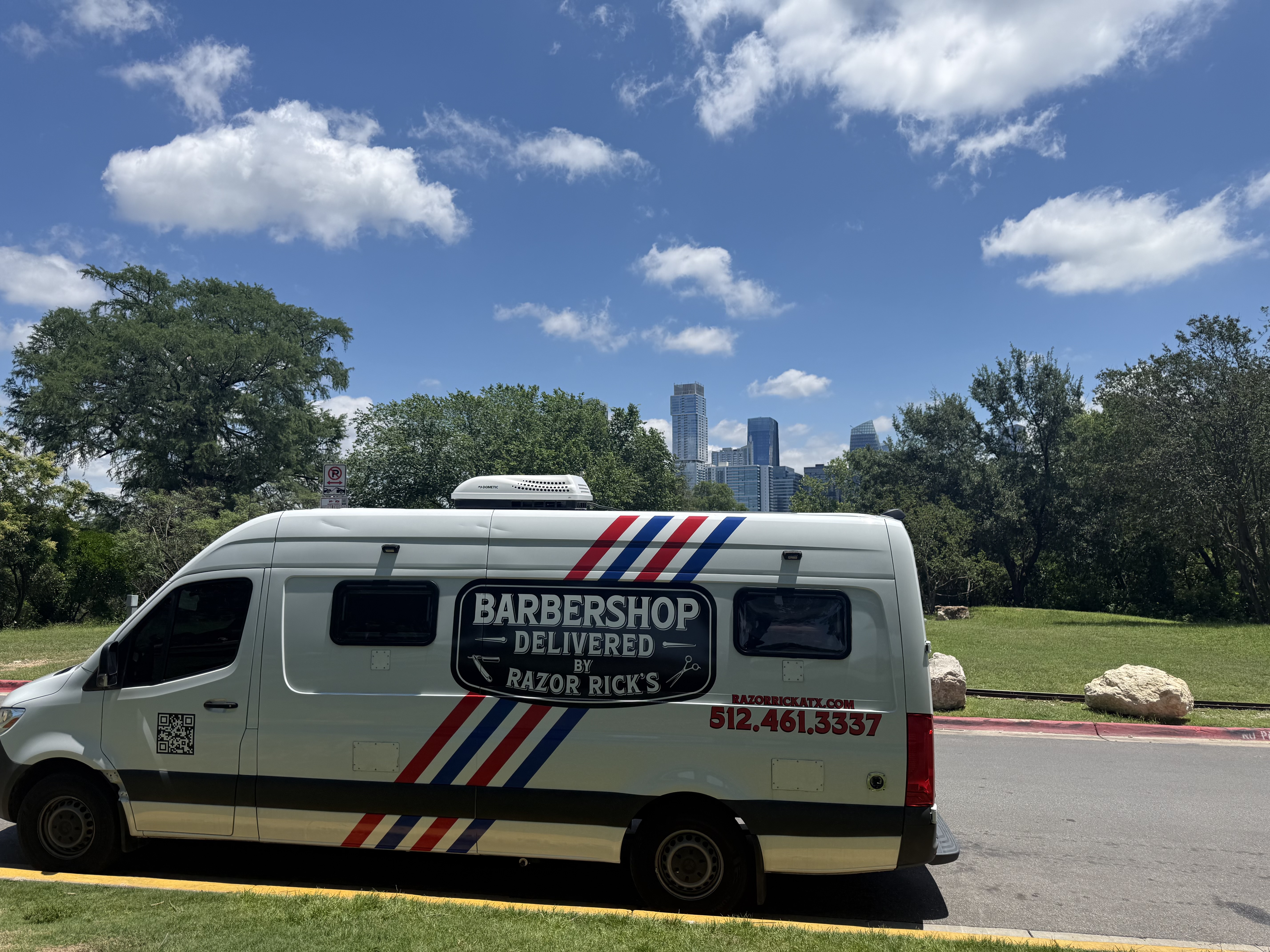 Razor Rick's Barbershop ATX — Mercedes Sprinter mobile barbershop with Austin skyline